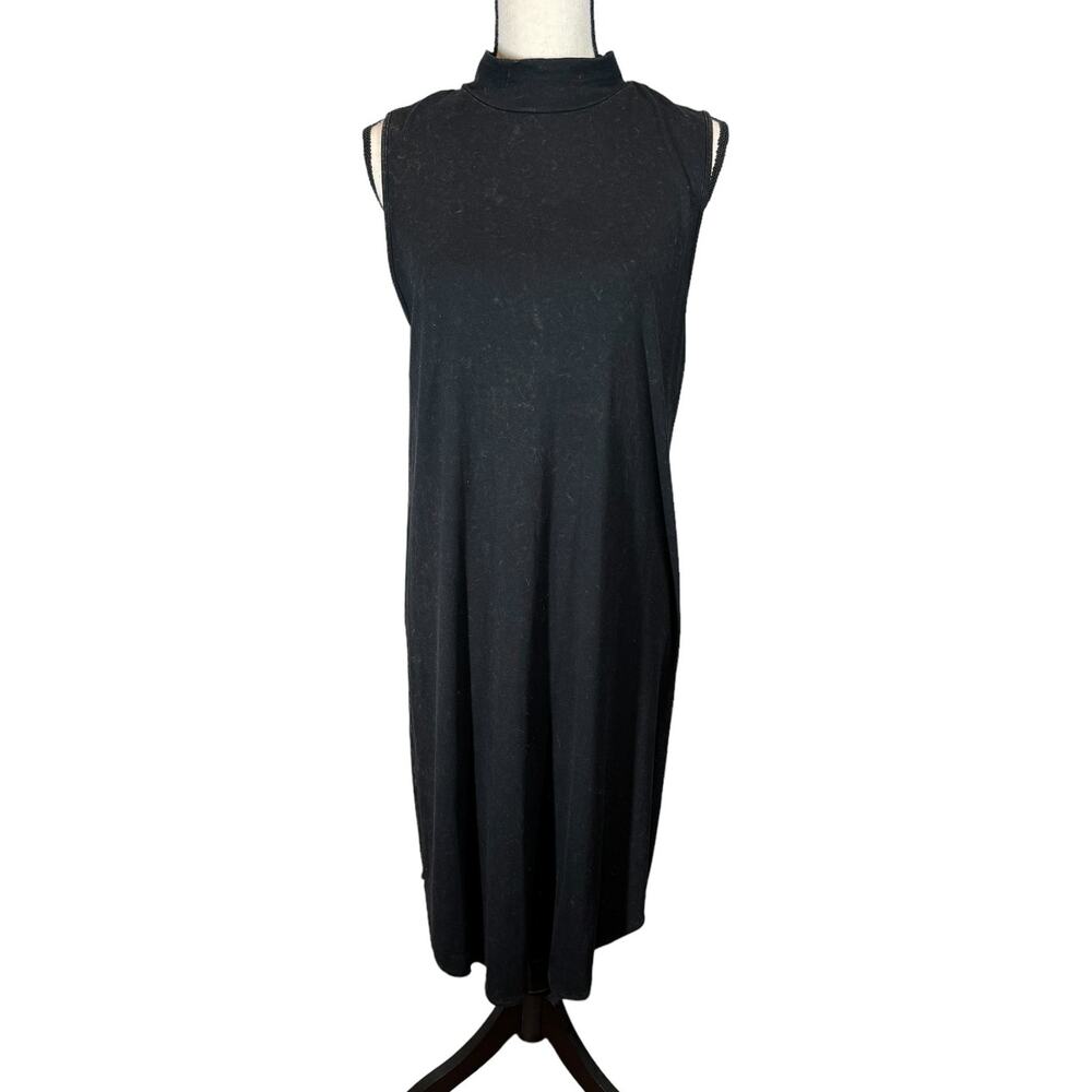 Lilla P Black Stonewashed Sleeveless Midi Jersey Knit Mock Neck Dress Medium